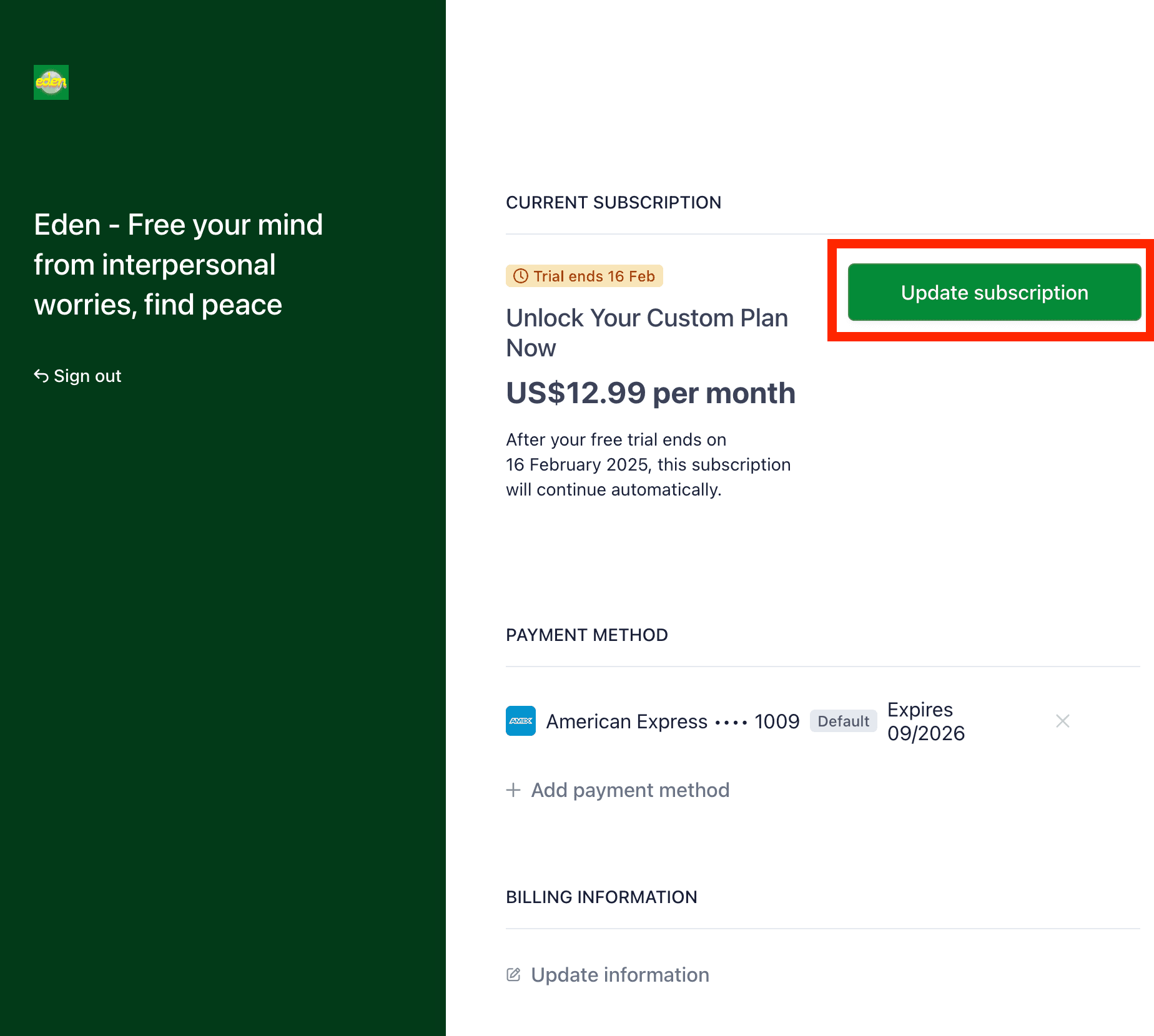 Update subscription button