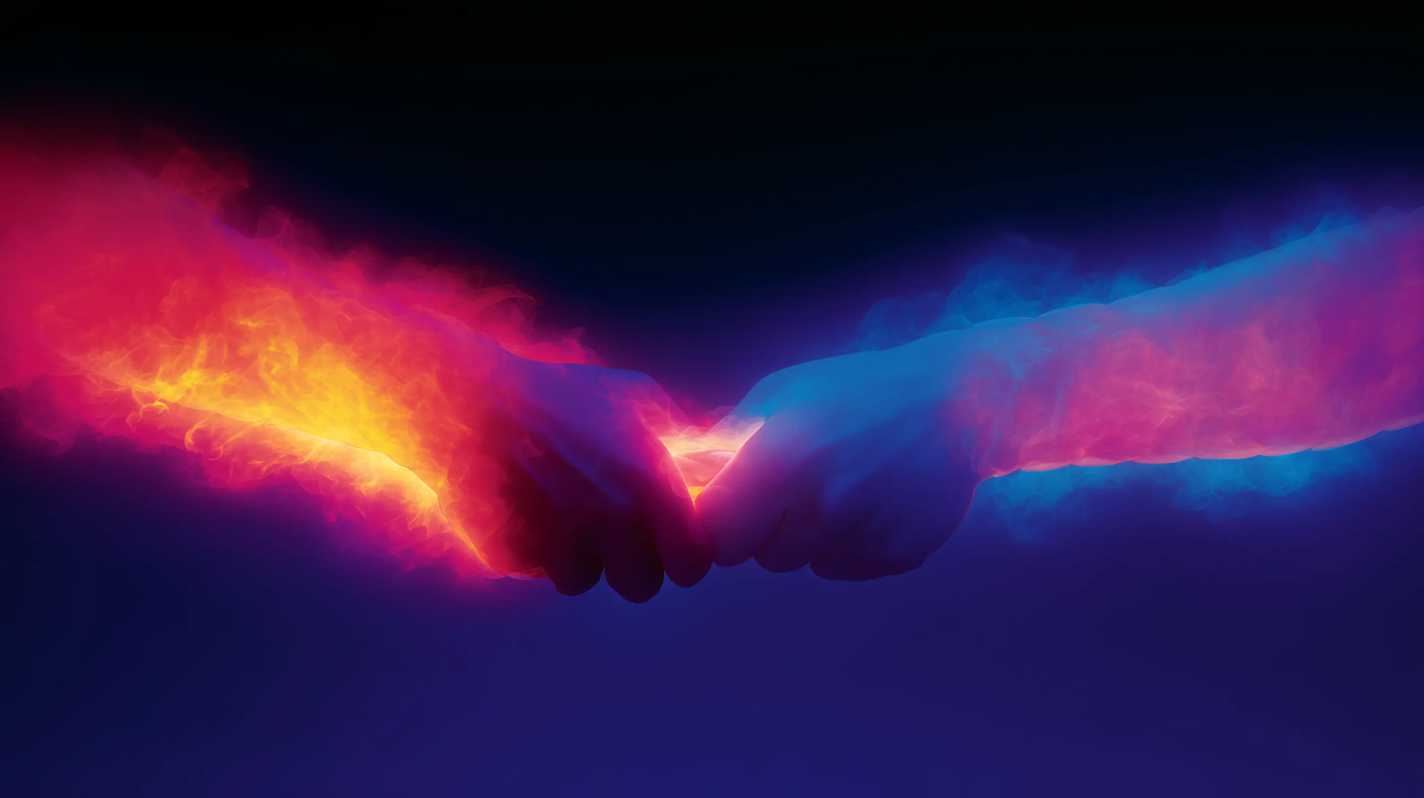 Two hands reaching toward each other in fire and ice colors representing disorganized attachment